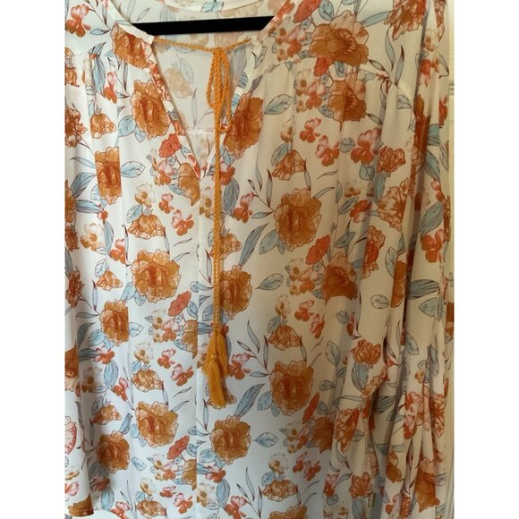 White Orange Floral Blouse Tunic Top Large Boho Peasant Romantic - Picture 2 of 3
